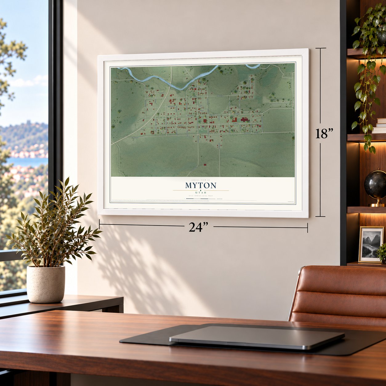 Myton, Utah map, 18 x 24 inch print in a white frame in a home office
