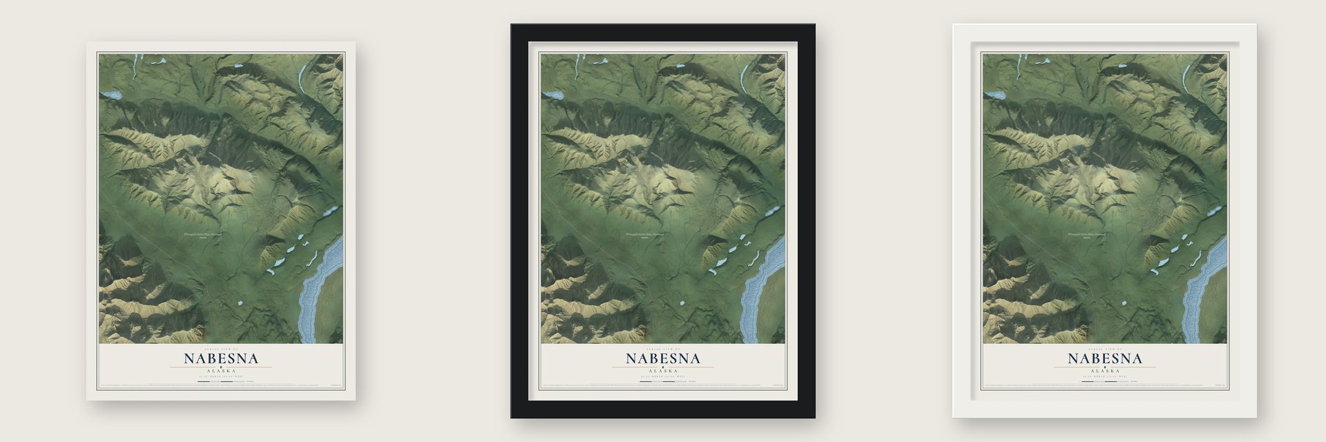 Nabesna, Alaska map unframed, in a black wood frame and in a white wood frame