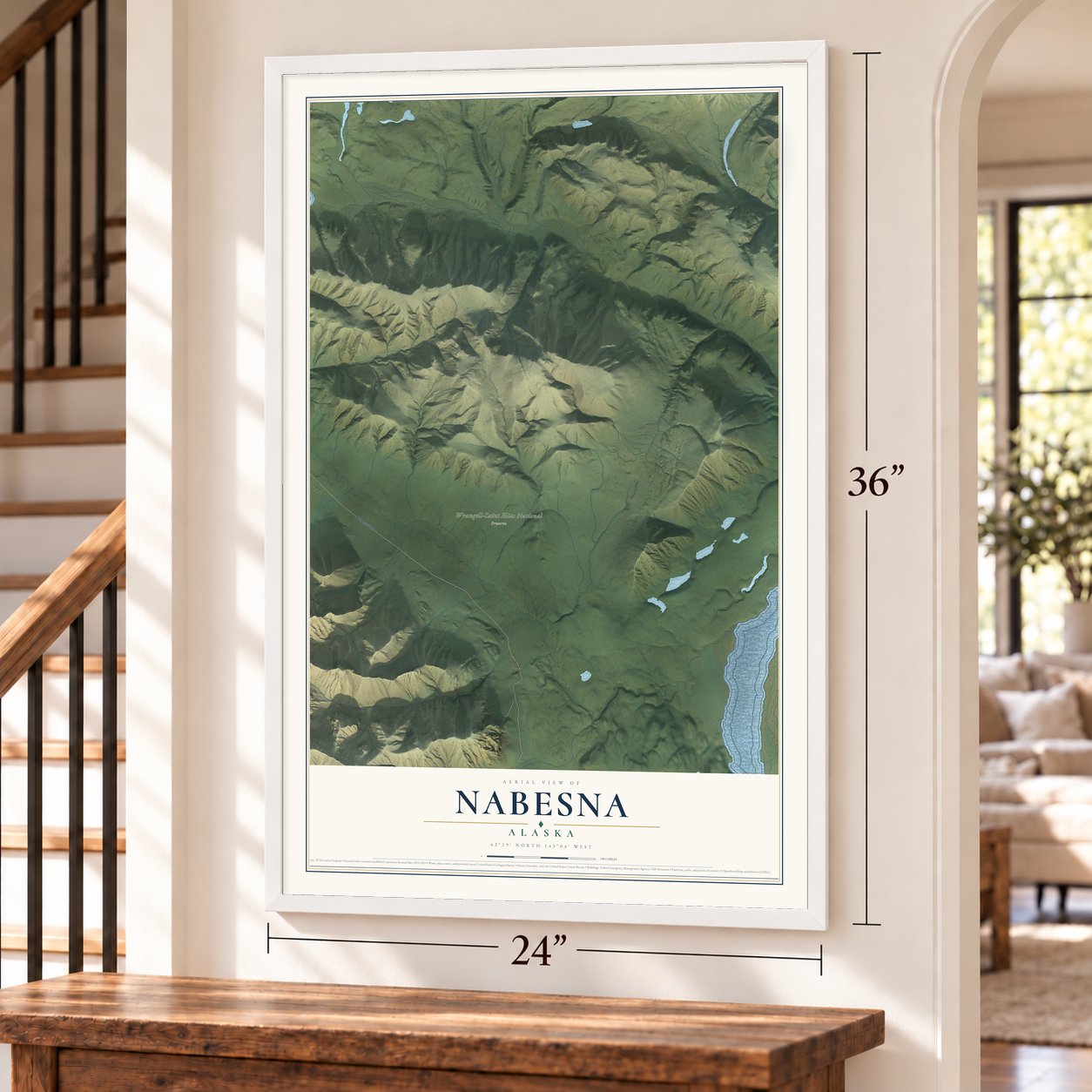 Nabesna, Alaska map, 24 x 36 inch print in a white frame by a staircase