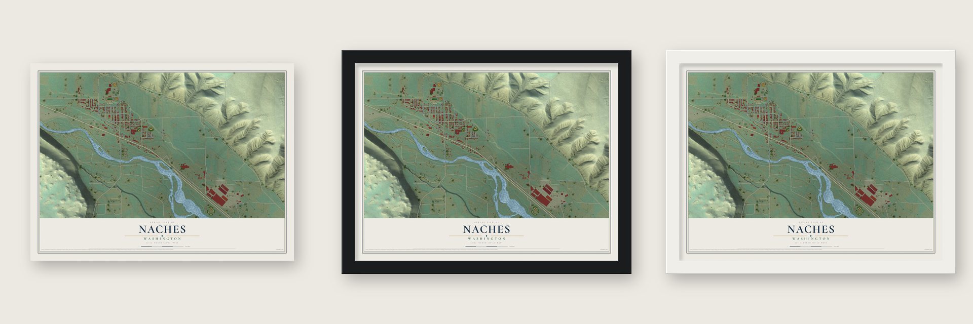 Naches, Washington map unframed, in a black wood frame and in a white wood frame