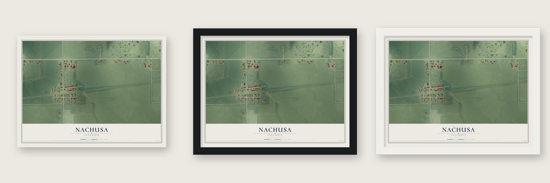 Nachusa, Illinois map unframed, in a black wood frame and in a white wood frame