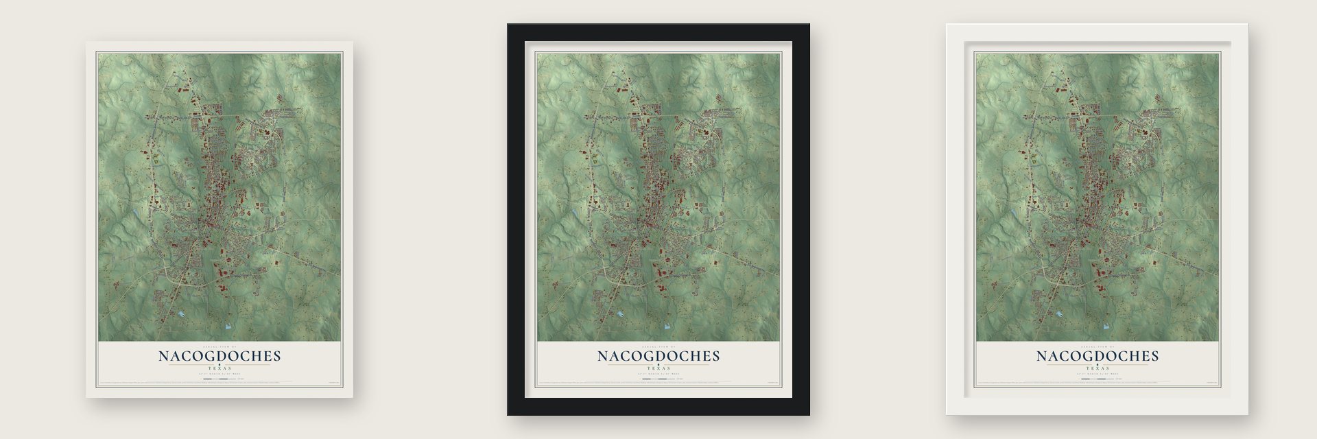 Nacogdoches, Texas map unframed, in a black wood frame and in a white wood frame