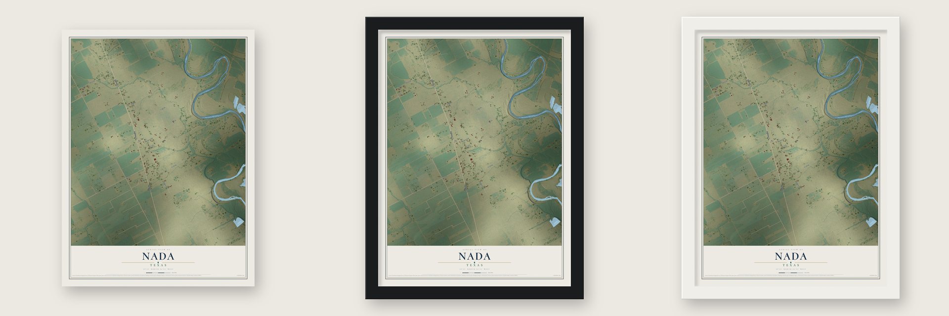Nada, Texas map unframed, in a black wood frame and in a white wood frame