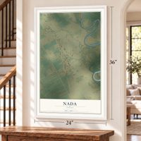 Nada, Texas map, 24 x 36 inch print in a white frame by a staircase