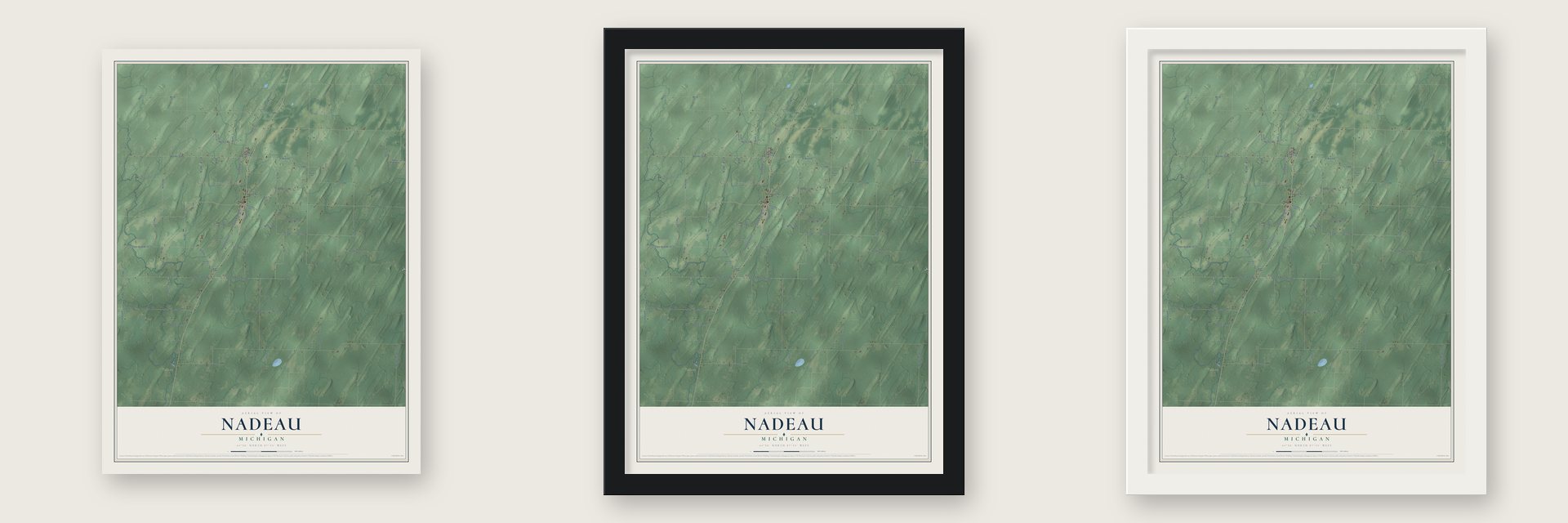 Nadeau, Michigan map unframed, in a black wood frame and in a white wood frame