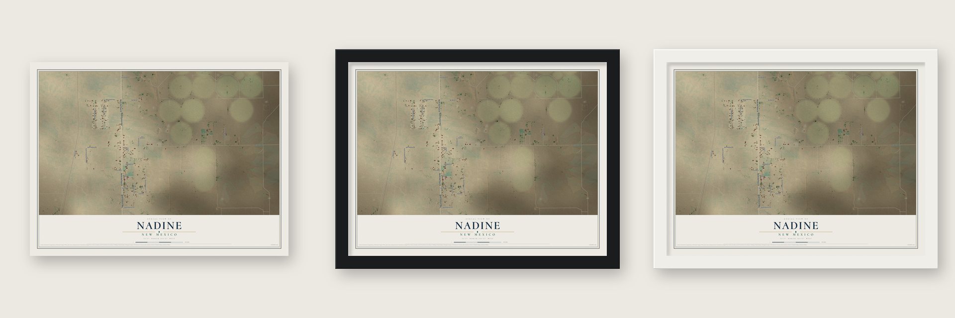 Nadine, New Mexico map unframed, in a black wood frame and in a white wood frame