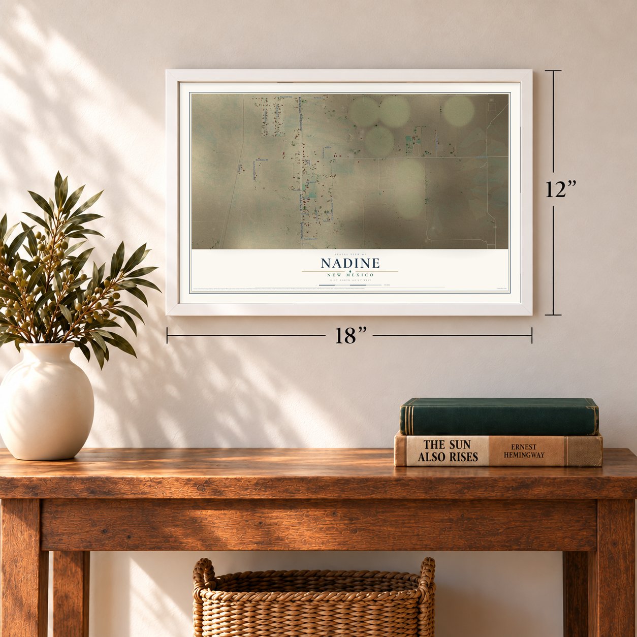 Nadine, New Mexico map, 12 x 18 inch print in a white frame in an entryway