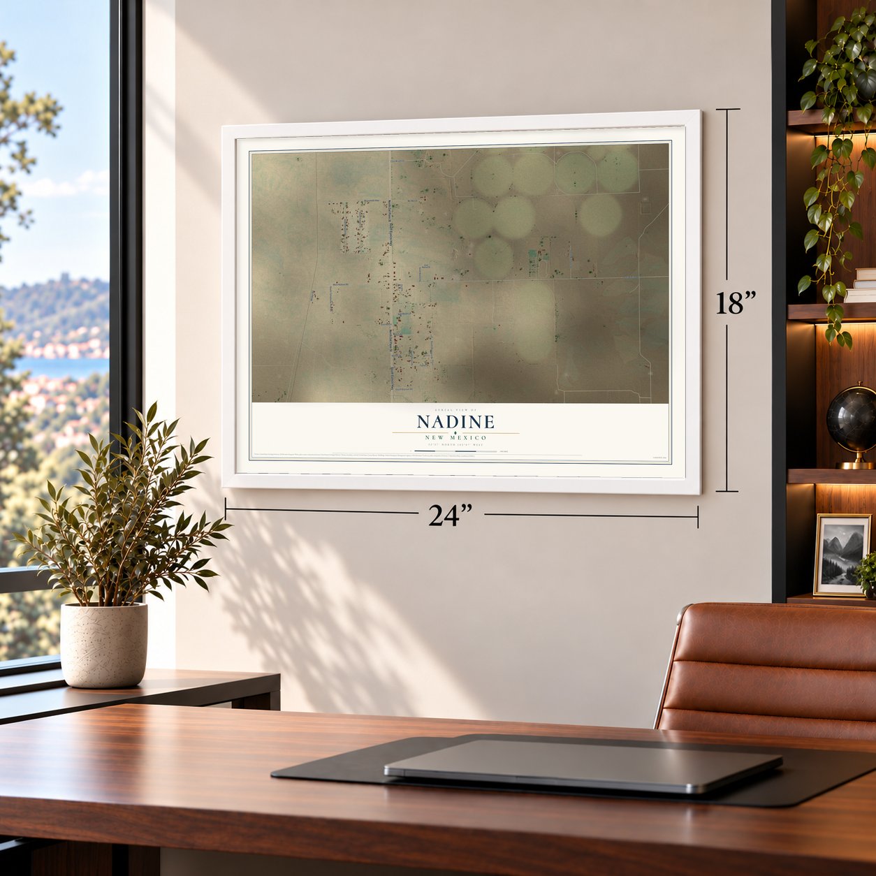 Nadine, New Mexico map, 18 x 24 inch print in a white frame in a home office