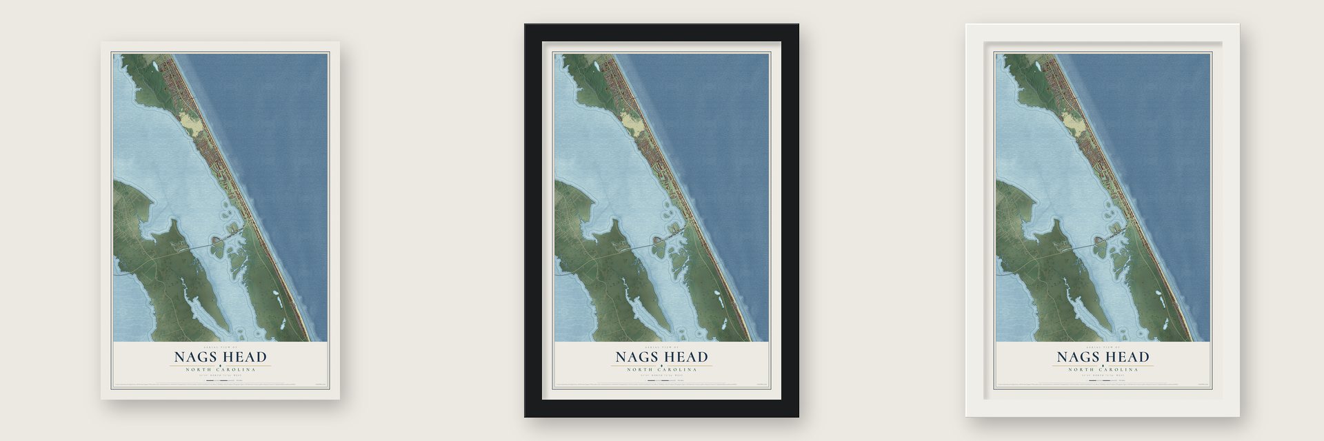Nags Head, North Carolina map unframed, in a black wood frame and in a white wood frame