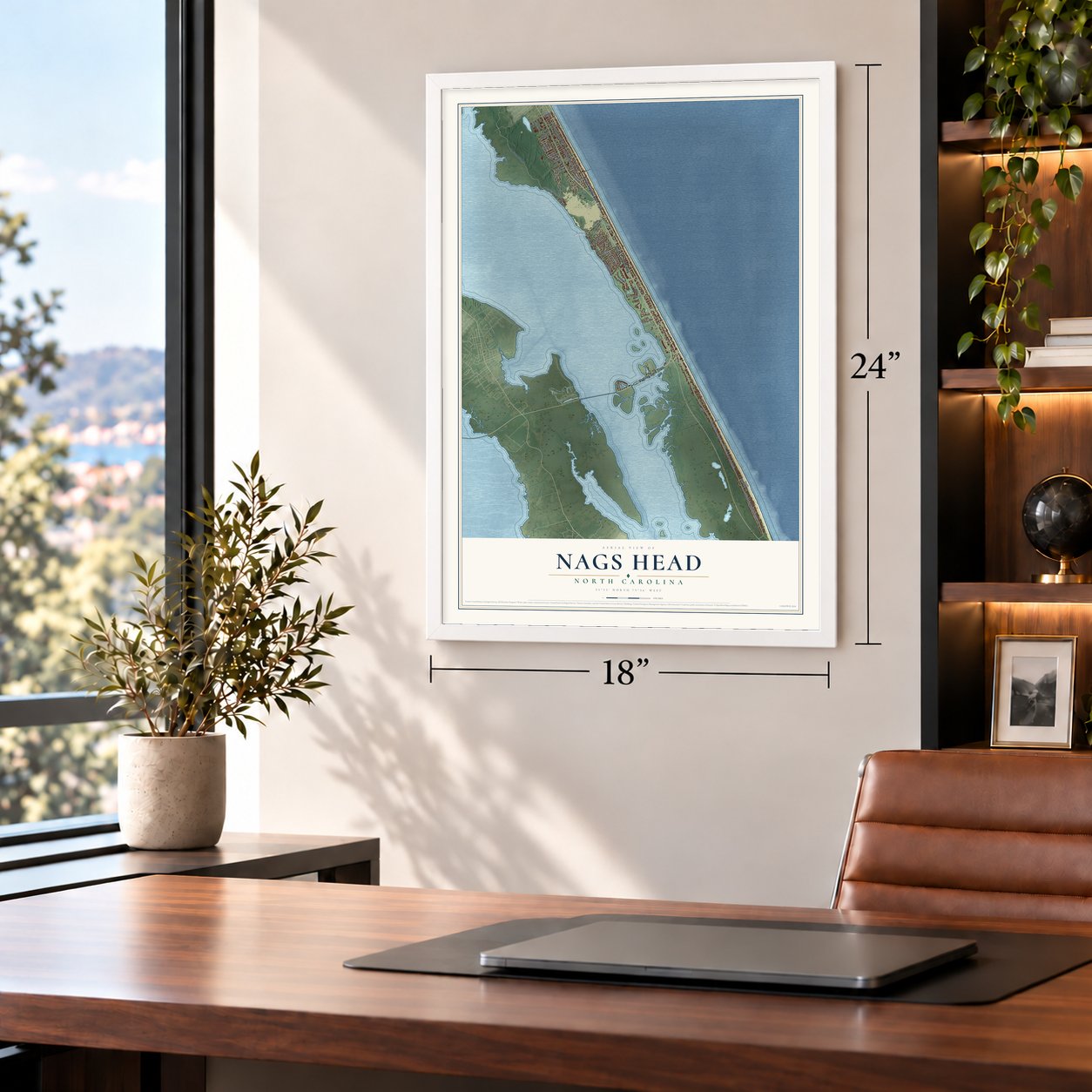 Nags Head, North Carolina map, 18 x 24 inch print in a white frame in a home office