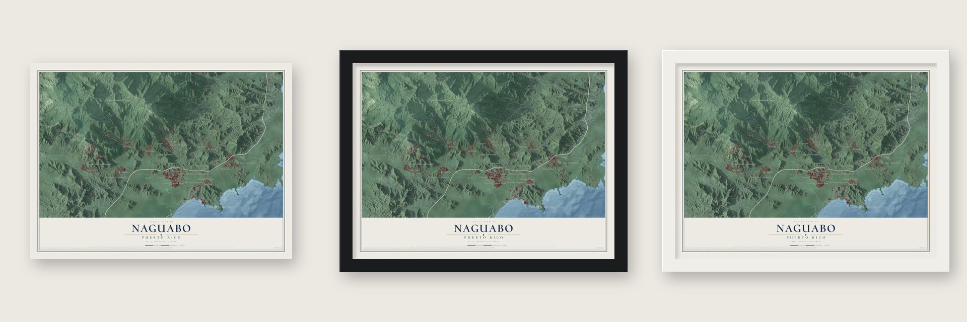 Naguabo, Puerto Rico map unframed, in a black wood frame and in a white wood frame