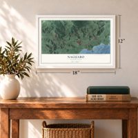 Naguabo, Puerto Rico map, 12 x 18 inch print in a white frame in an entryway