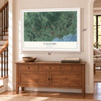 Naguabo, Puerto Rico map, 24 x 36 inch print in a white frame above a dresser by a staircase