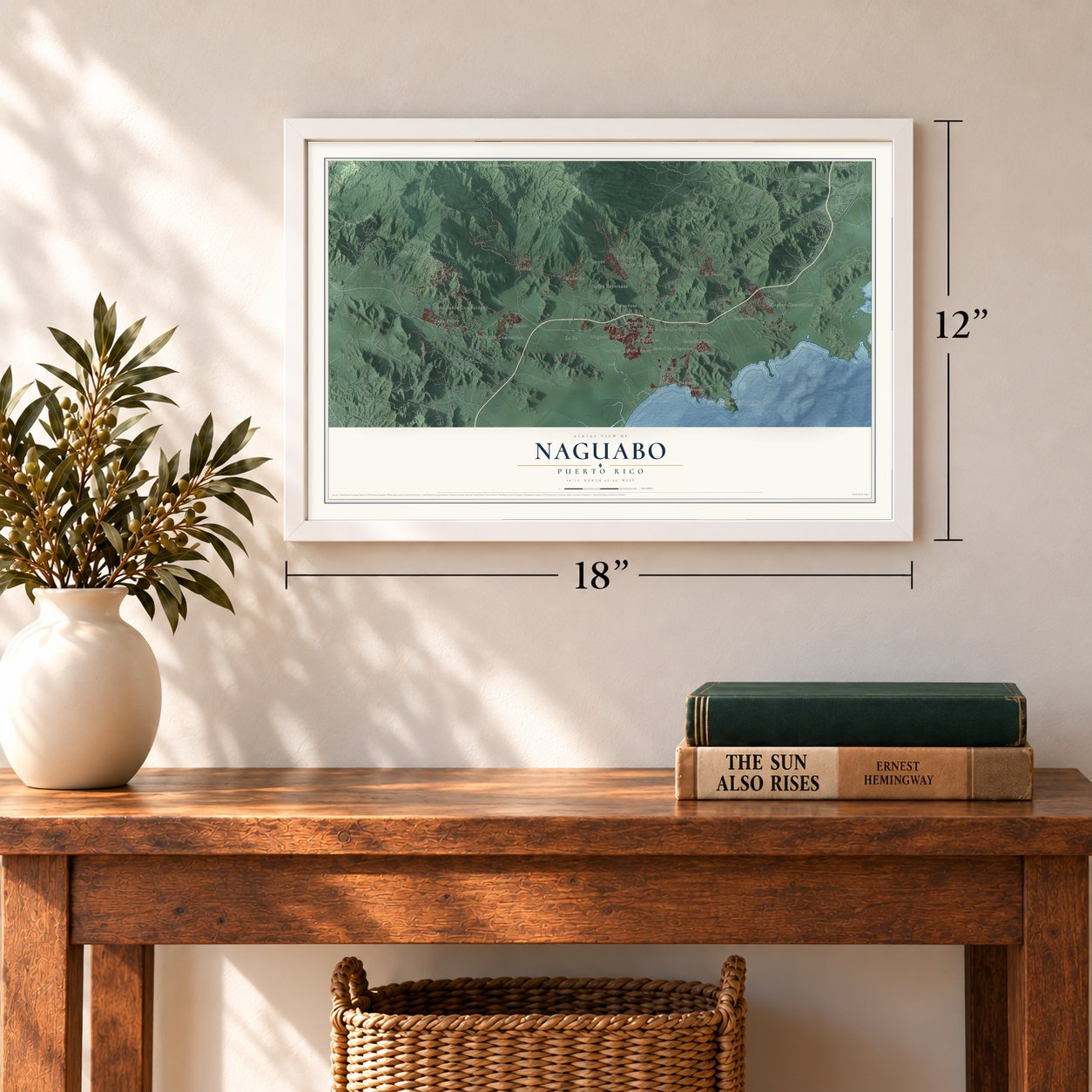 Naguabo, Puerto Rico map, 12 x 18 inch print in a white frame in an entryway