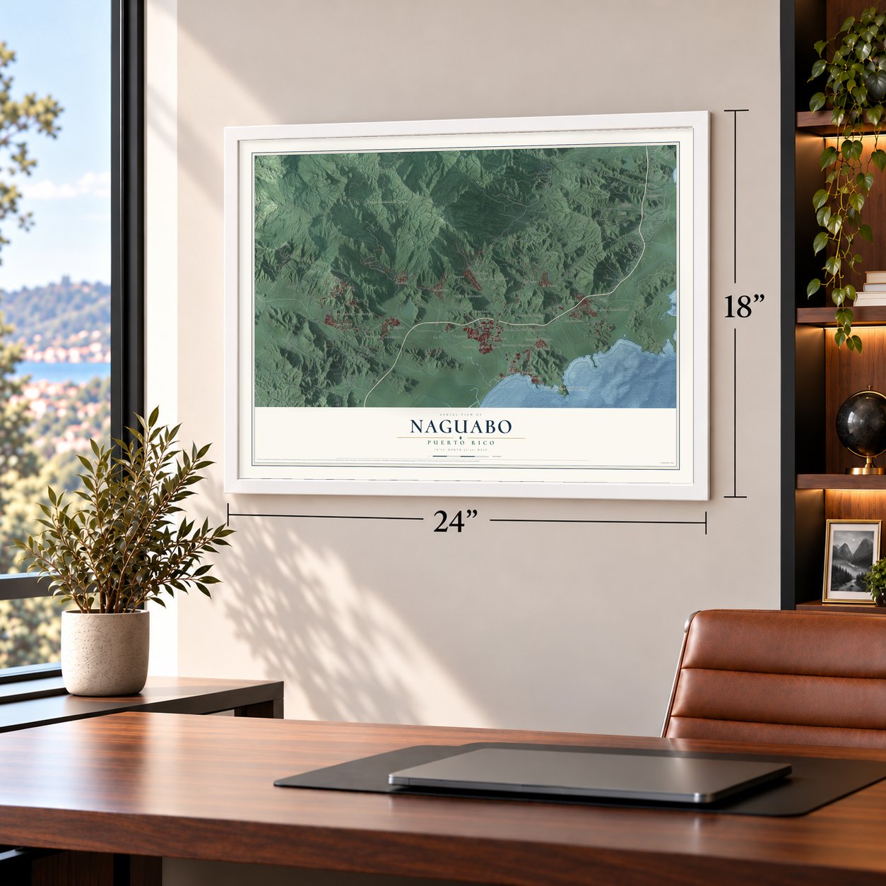 Naguabo, Puerto Rico map, 18 x 24 inch print in a white frame in a home office