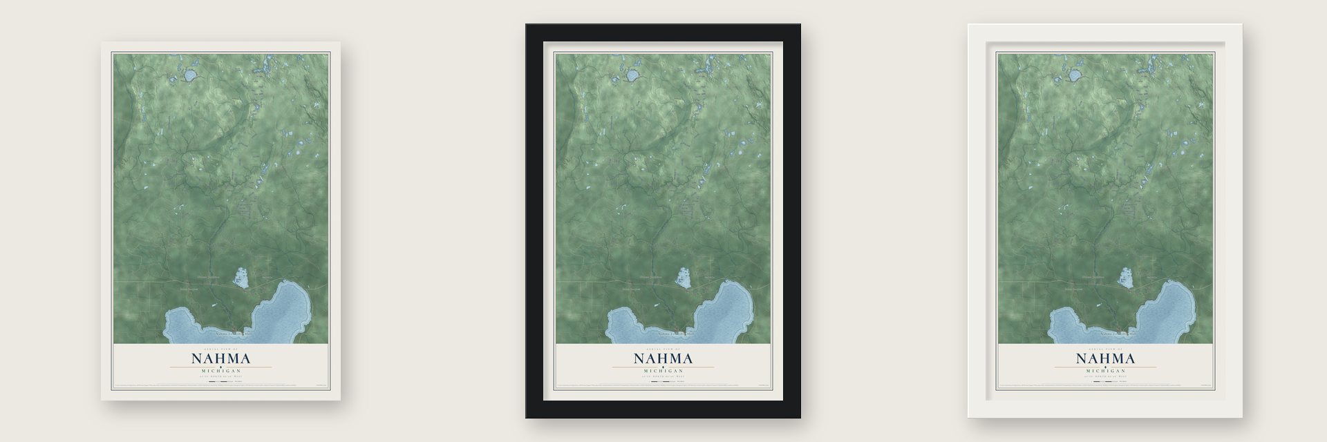 Nahma, Michigan map unframed, in a black wood frame and in a white wood frame