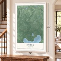 Nahma, Michigan map, 24 x 36 inch print in a white frame by a staircase