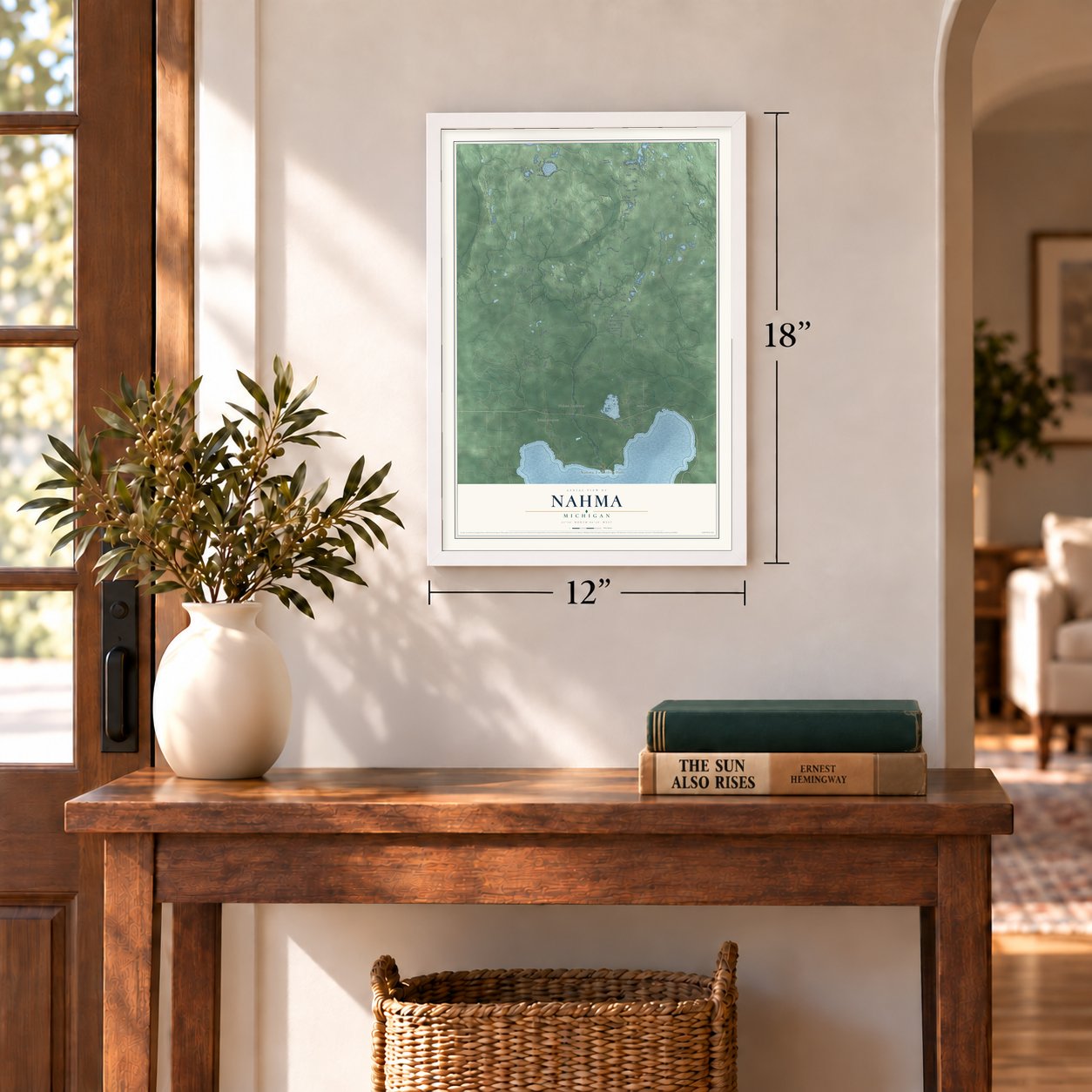 Nahma, Michigan map, 12 x 18 inch print in a white frame in an entryway