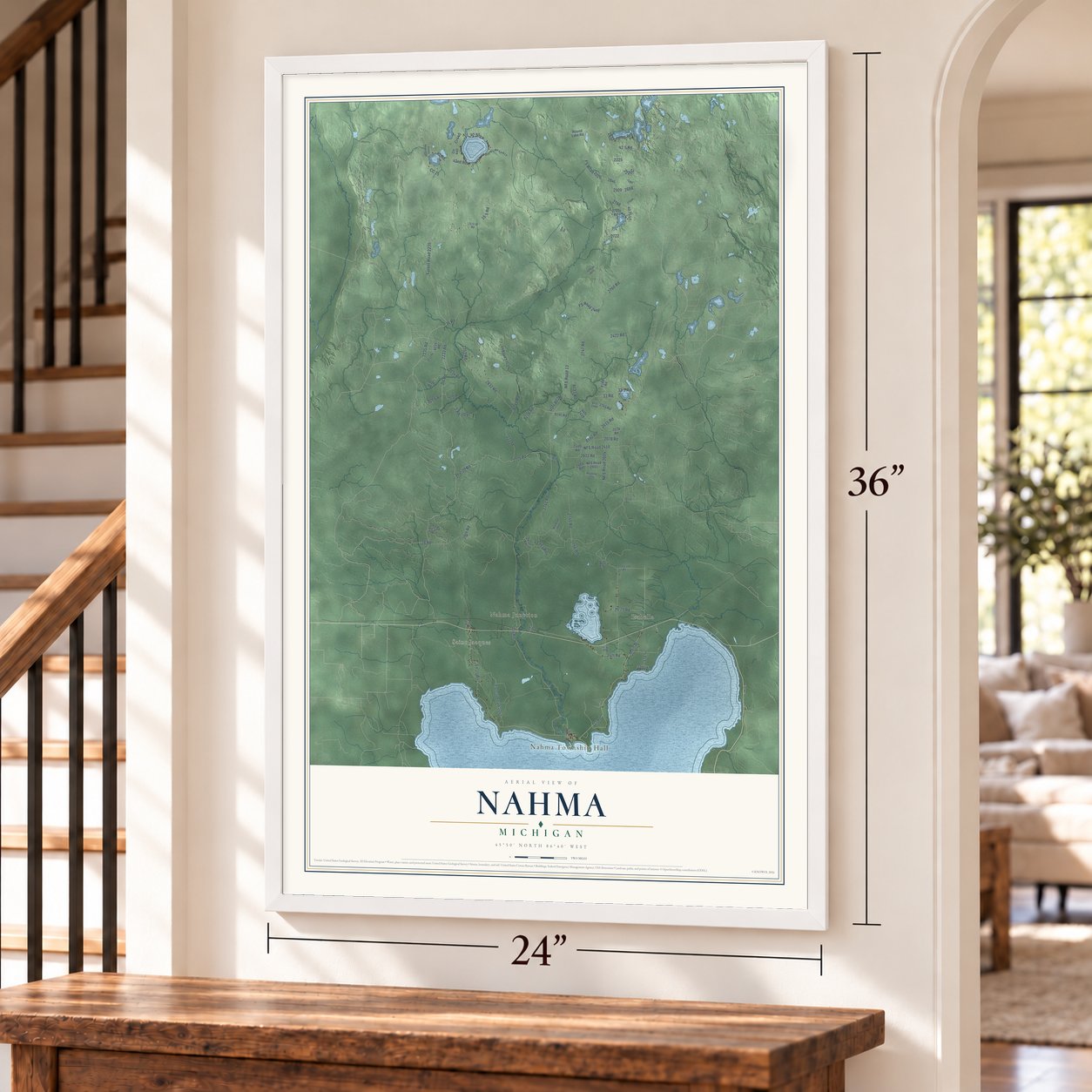 Nahma, Michigan map, 24 x 36 inch print in a white frame by a staircase