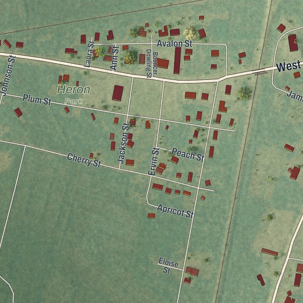 Second close-up of the map of Nahunta, Georgia print showing more streets and buildings