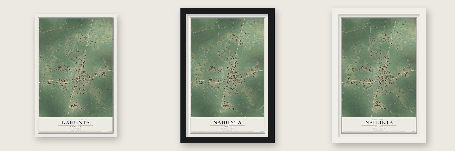 Nahunta, Georgia map unframed, in a black wood frame and in a white wood frame