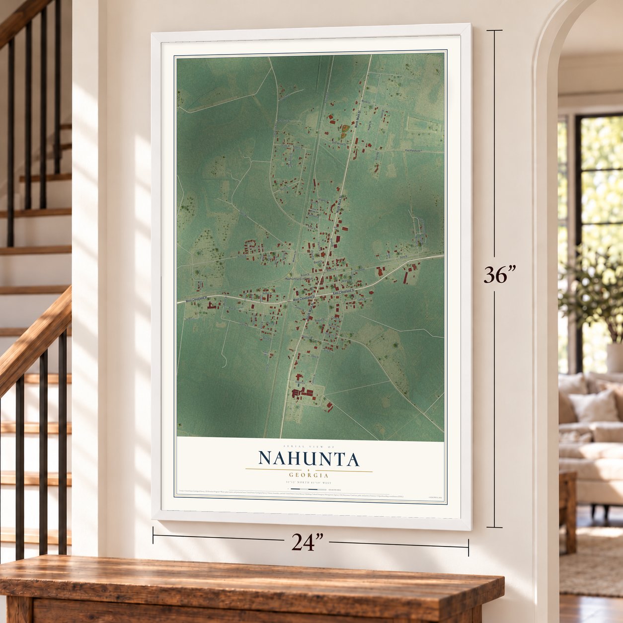 Nahunta, Georgia map, 24 x 36 inch print in a white frame by a staircase