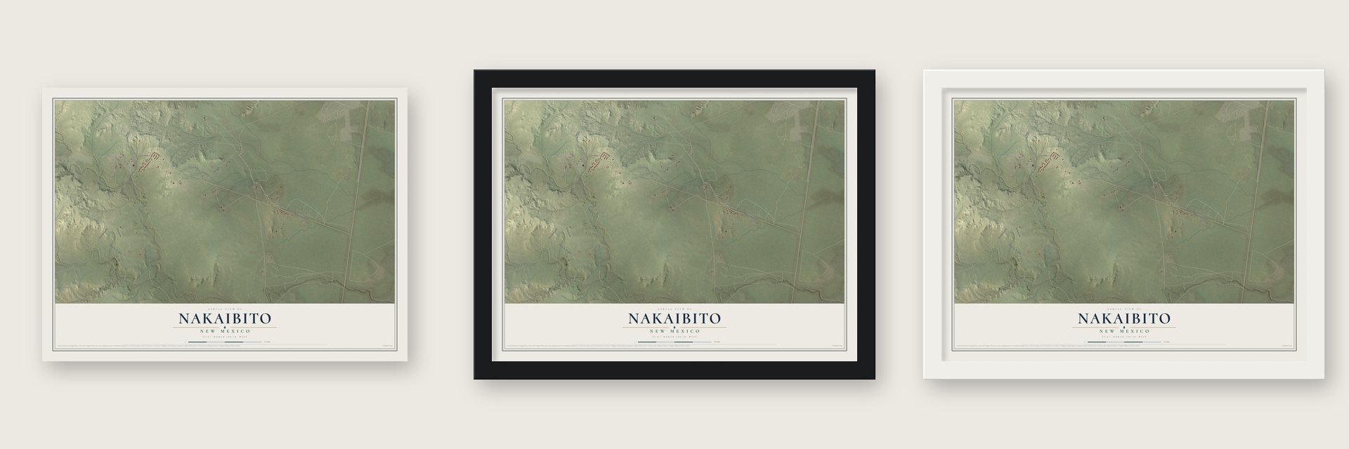 Nakaibito, New Mexico map unframed, in a black wood frame and in a white wood frame