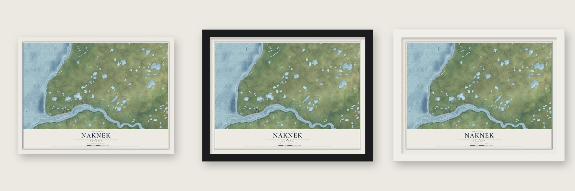 Naknek, Alaska map unframed, in a black wood frame and in a white wood frame