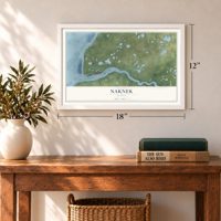 Naknek, Alaska map, 12 x 18 inch print in a white frame in an entryway