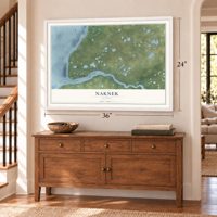 Naknek, Alaska map, 24 x 36 inch print in a white frame above a dresser by a staircase