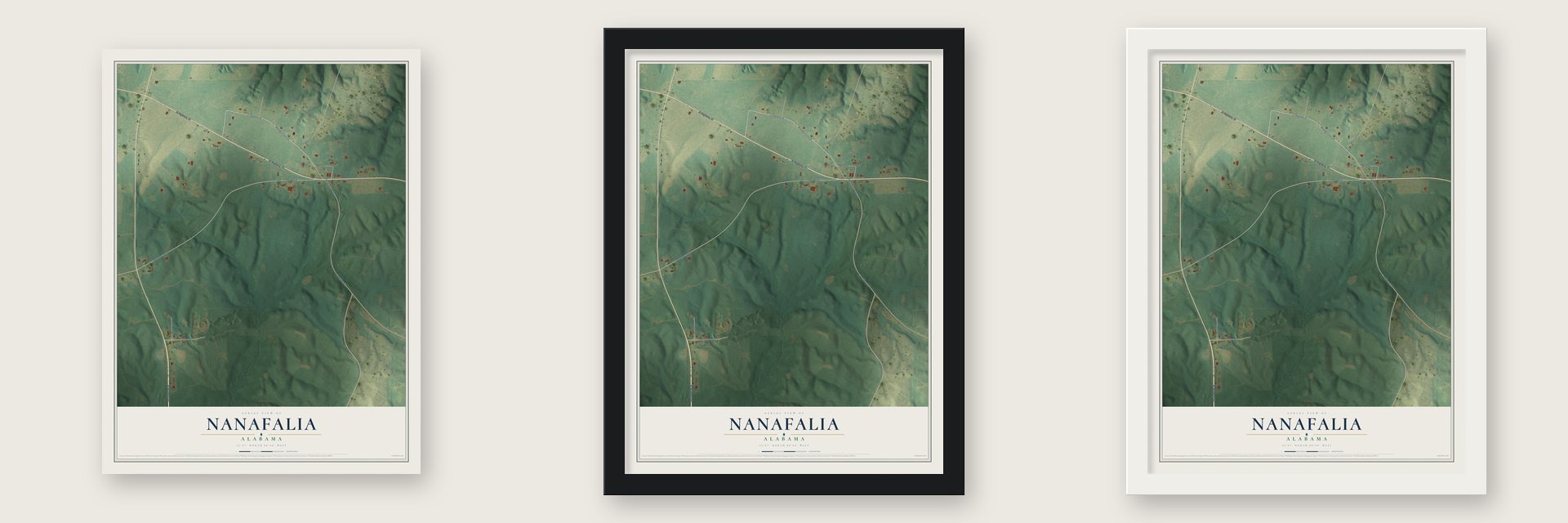 Nanafalia, Alabama map unframed, in a black wood frame and in a white wood frame
