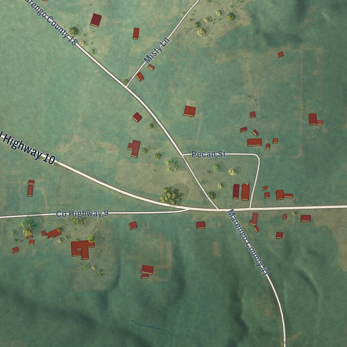 Second close-up of the map of Nanafalia, Alabama print showing more streets and buildings