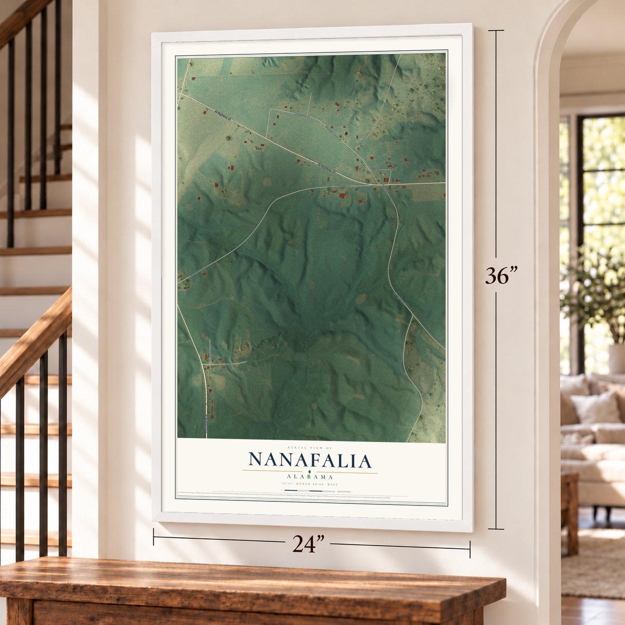 Nanafalia, Alabama map, 24 x 36 inch print in a white frame by a staircase