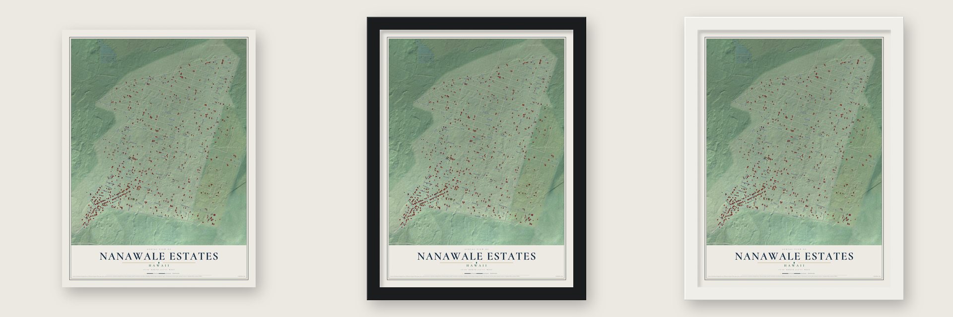 Nanawale Estates, Hawaii map unframed, in a black wood frame and in a white wood frame
