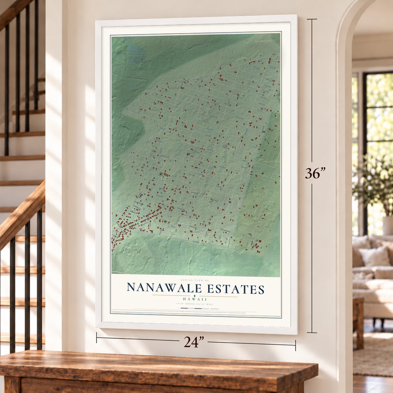 Nanawale Estates, Hawaii map, 24 x 36 inch print in a white frame by a staircase