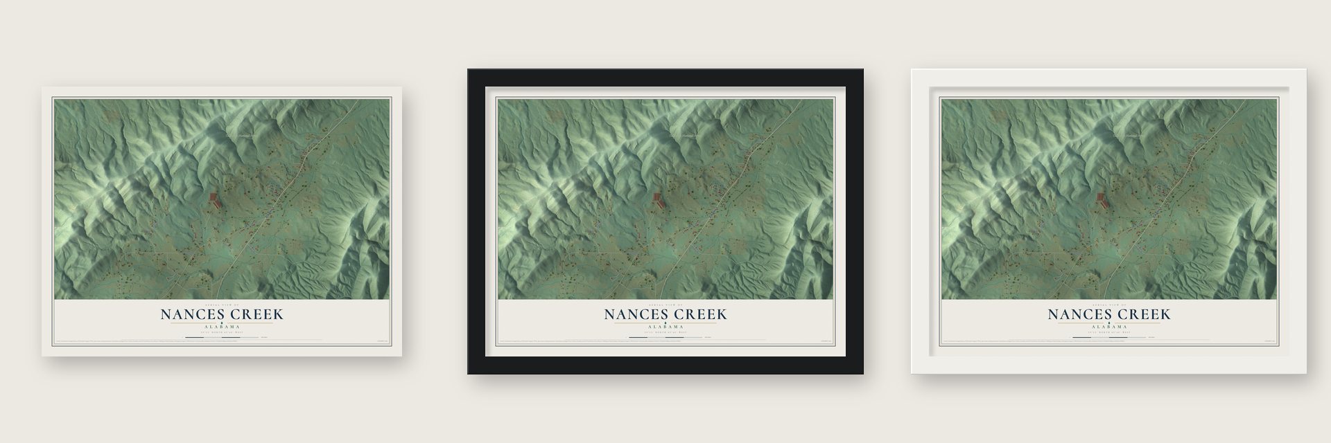 Nances Creek, Alabama map unframed, in a black wood frame and in a white wood frame