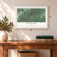 Nances Creek, Alabama map, 12 x 18 inch print in a white frame in an entryway