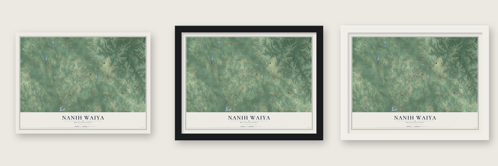 Nanih Waiya, Mississippi map unframed, in a black wood frame and in a white wood frame