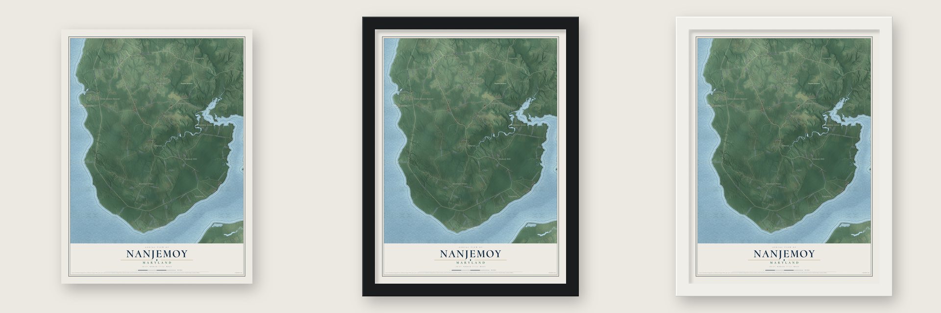 Nanjemoy, Maryland map unframed, in a black wood frame and in a white wood frame