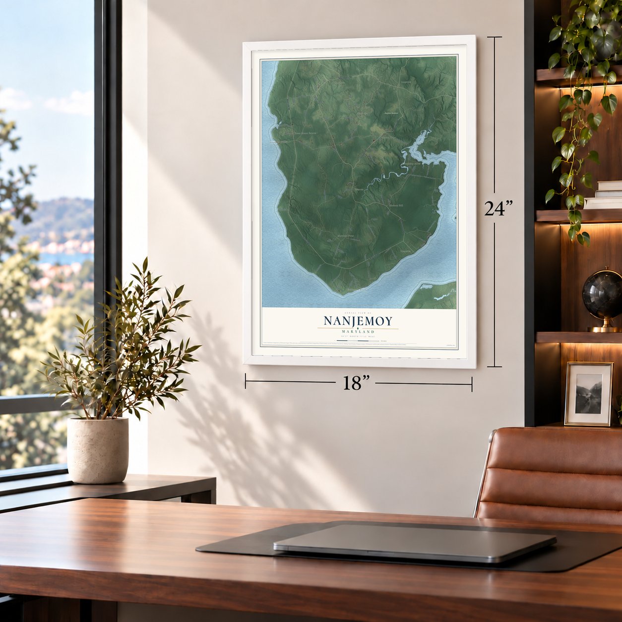 Nanjemoy, Maryland map, 18 x 24 inch print in a white frame in a home office