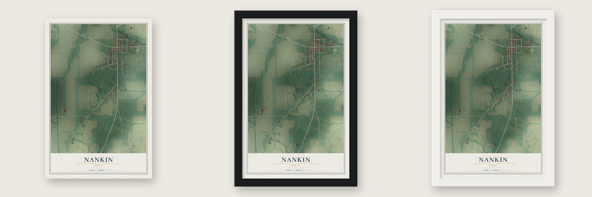 Nankin, Ohio map unframed, in a black wood frame and in a white wood frame