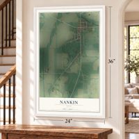 Nankin, Ohio map, 24 x 36 inch print in a white frame by a staircase