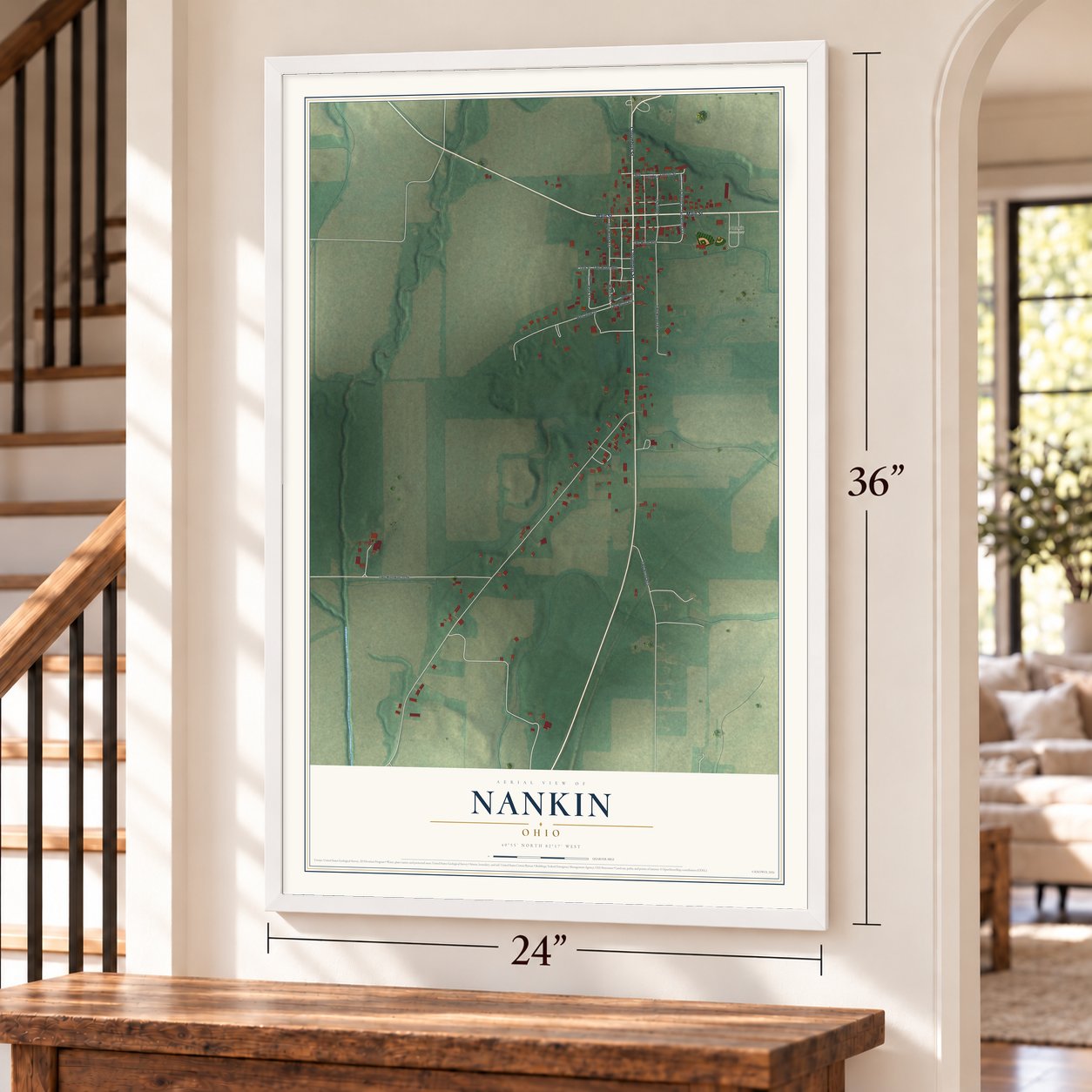 Nankin, Ohio map, 24 x 36 inch print in a white frame by a staircase