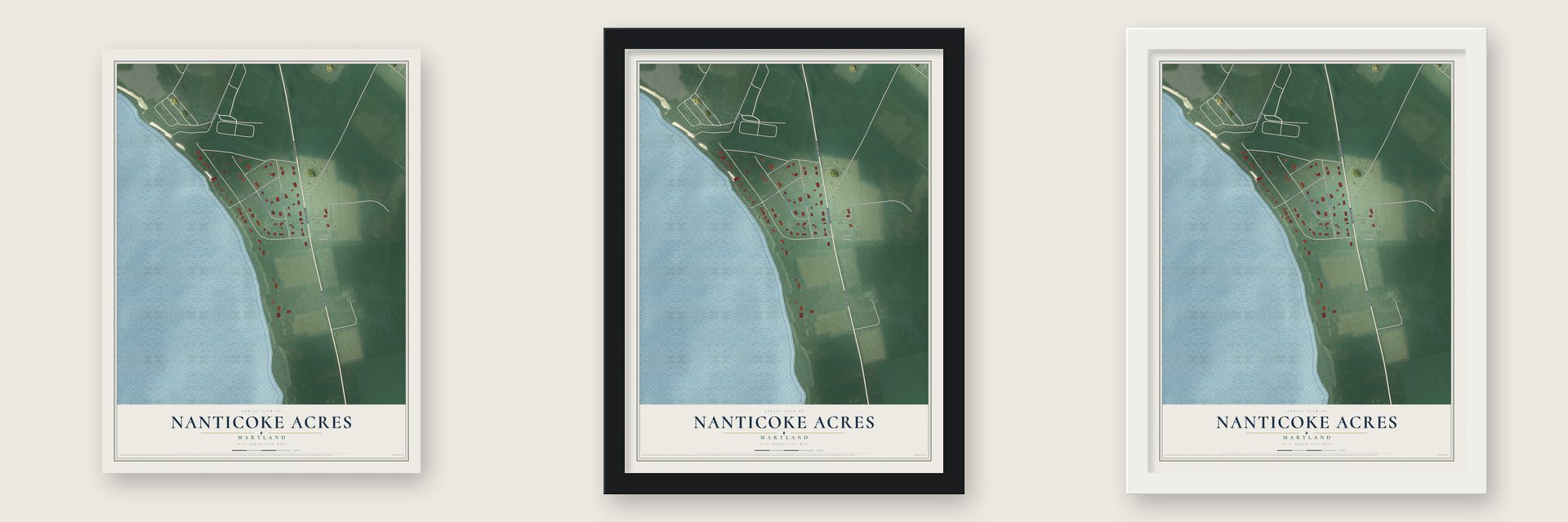 Nanticoke Acres, Maryland map unframed, in a black wood frame and in a white wood frame