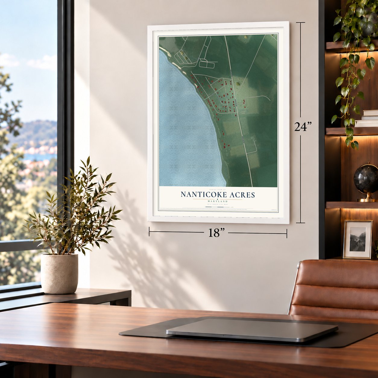 Nanticoke Acres, Maryland map, 18 x 24 inch print in a white frame in a home office