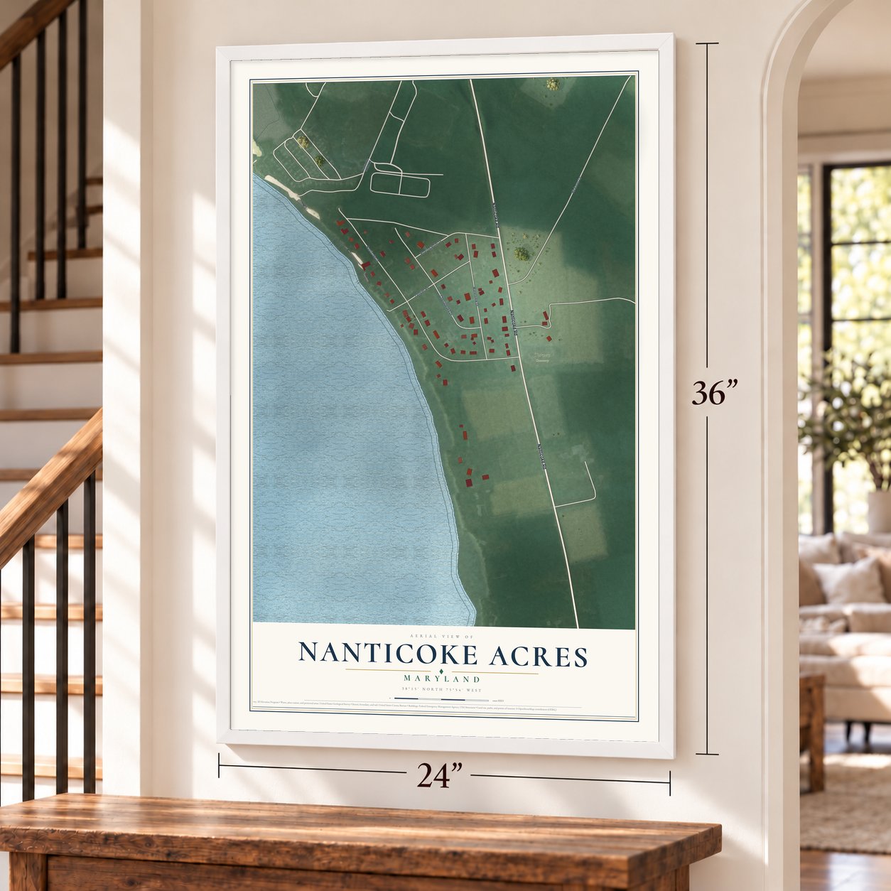 Nanticoke Acres, Maryland map, 24 x 36 inch print in a white frame by a staircase