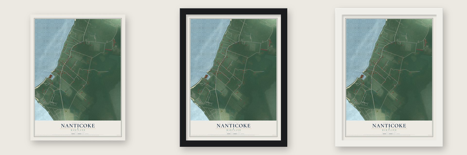 Nanticoke, Maryland map unframed, in a black wood frame and in a white wood frame