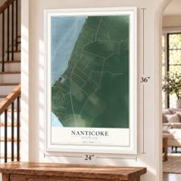 Nanticoke, Maryland map, 24 x 36 inch print in a white frame by a staircase