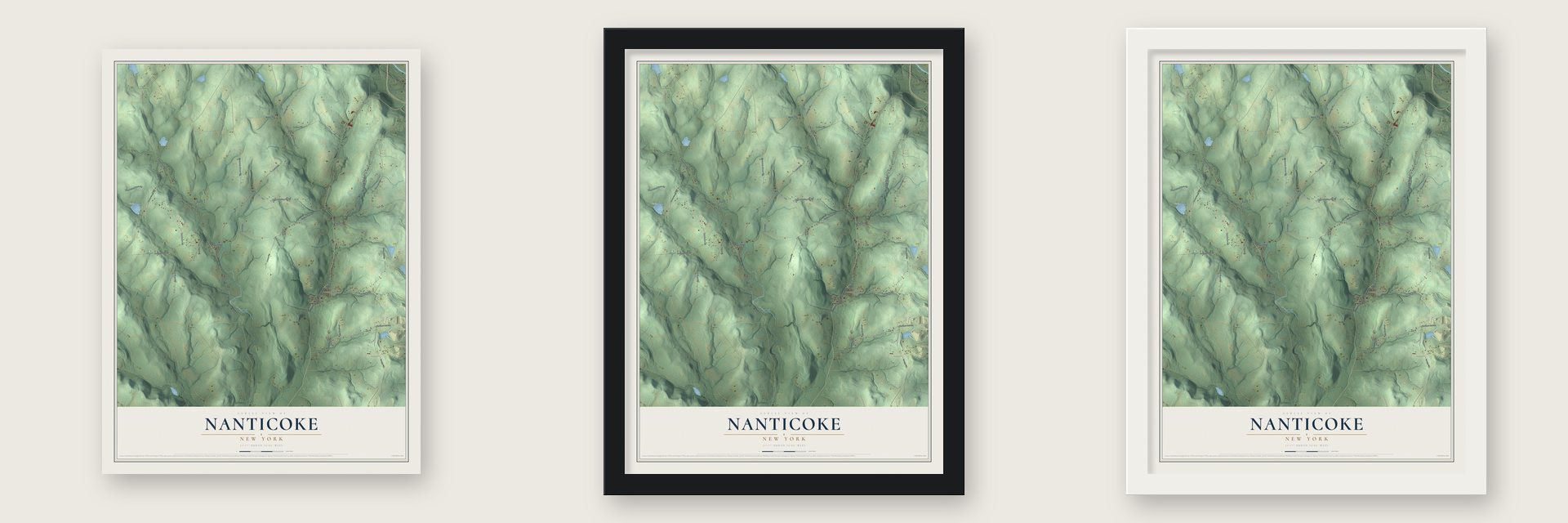 Nanticoke, New York map unframed, in a black wood frame and in a white wood frame