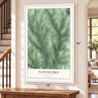 Nanticoke, New York map, 24 x 36 inch print in a white frame by a staircase
